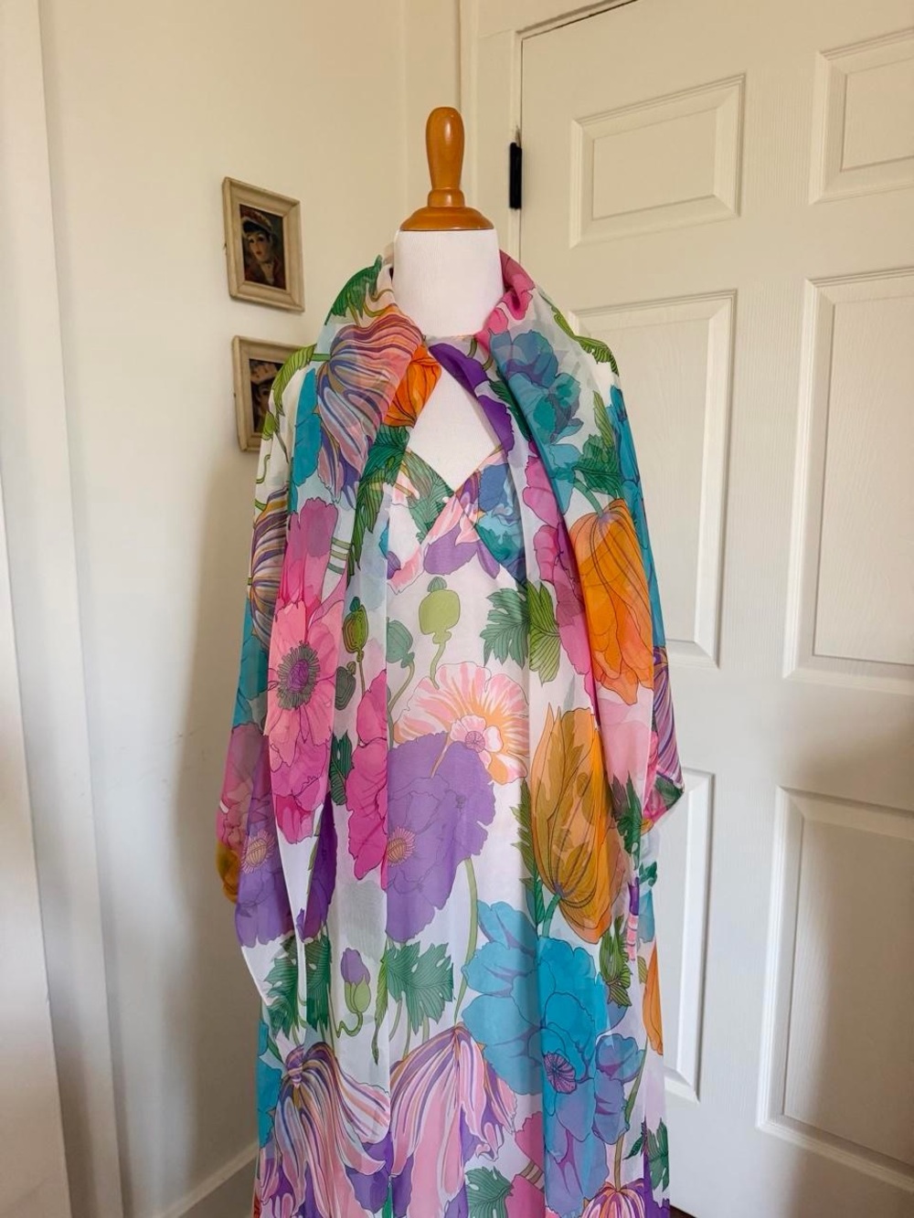 Dreamy Vintage 1970s Colorful Rainbow Floral Maxi Dress and Cape Set - Picture 4 of 7